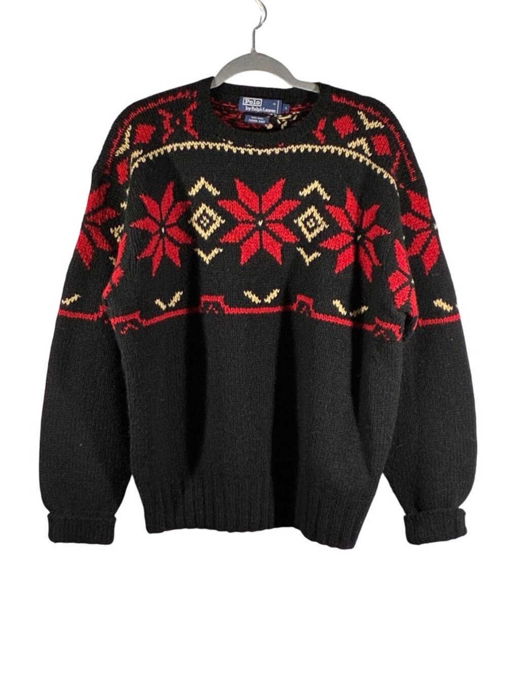 Polo Ralph Lauren Hand Knit Wool Sweater Black Red Nordic Snowflake Pattern L